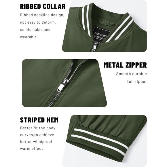 Men's Green Bomber Lightweight Casual Spring Fall Windbreaker Zip Up Jacket - Picture 6 of 8